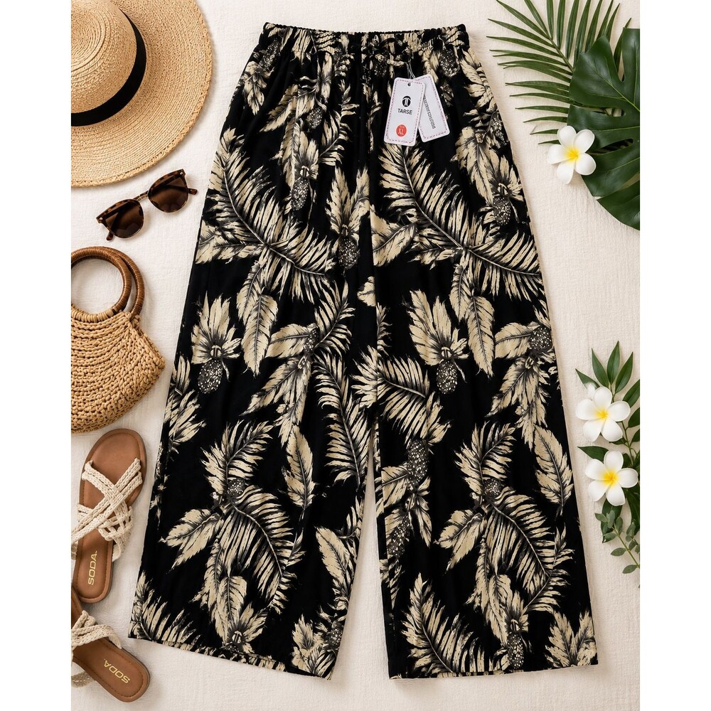 Tarse Linen Rayon Harem Pants Black Tropical Pineapple Leaf Print XL NWT